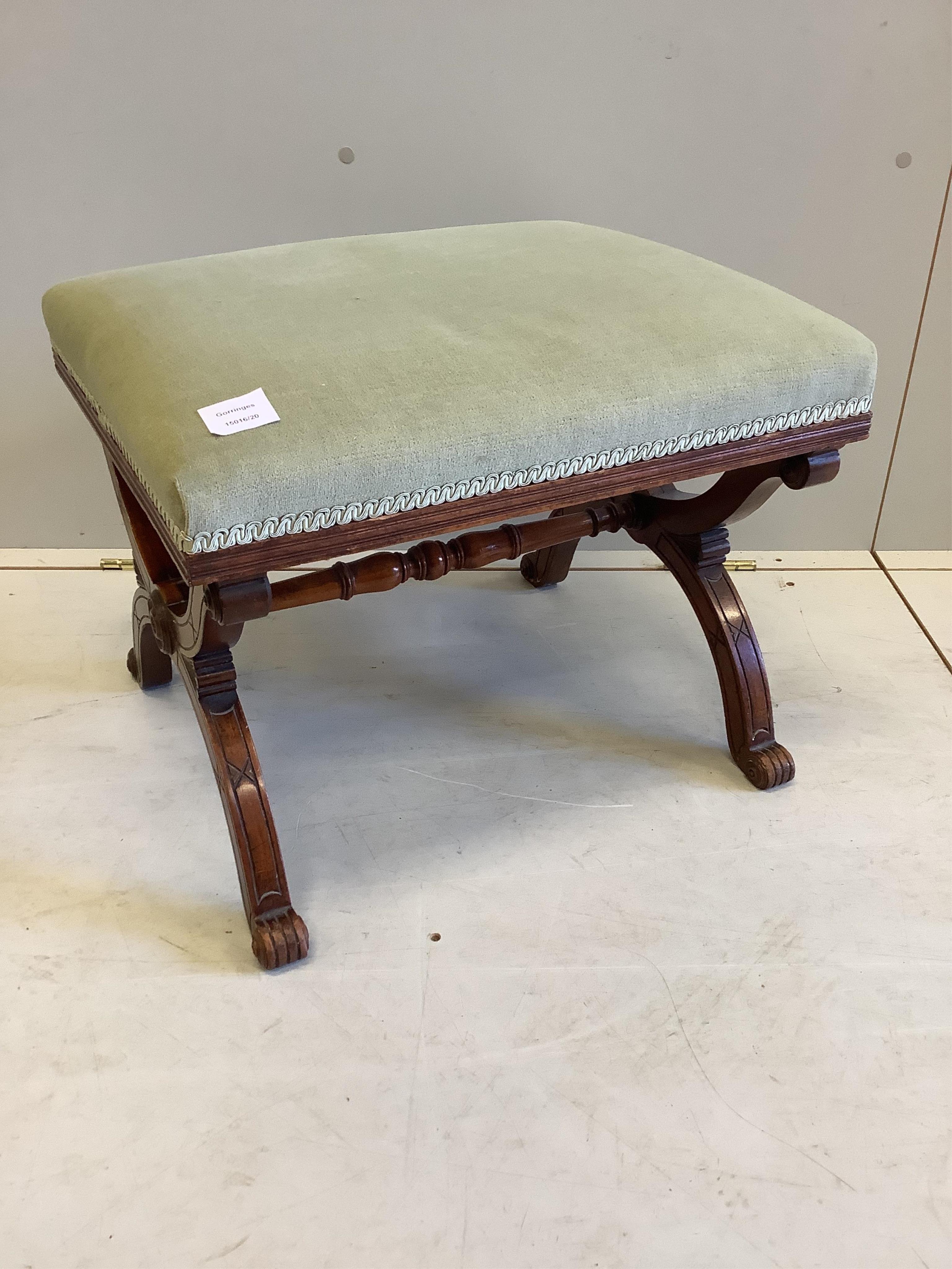 A Victorian mahogany X frame dressing stool, width 53cm, depth 45cm, height 40cm. Condition - fair to good